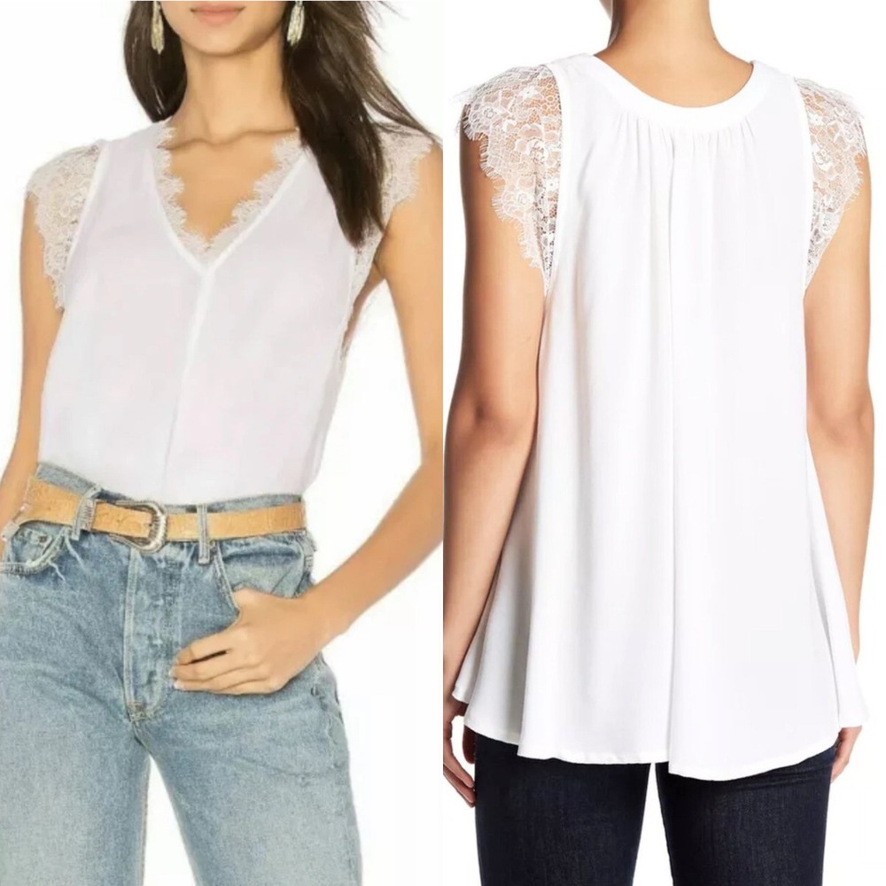 Free People White Lace Trim V-Neck Tank Top Cap Sleeve Flowy Boho Small